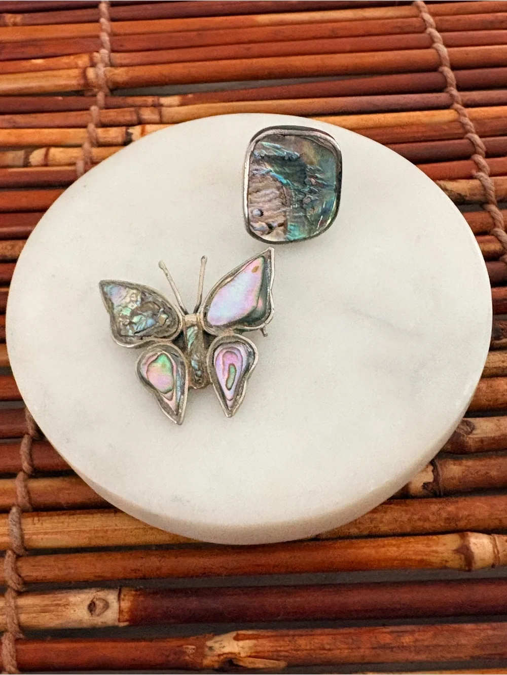 Sterling Iridescent Abalone Ring Size 5.75 & Abalone Butterfly Pin